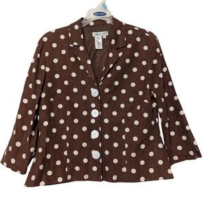 Coldwater Creek‎ Brown Polka Dot Blazer Jacket Women Size P10 Linen 3/4 Sleeve